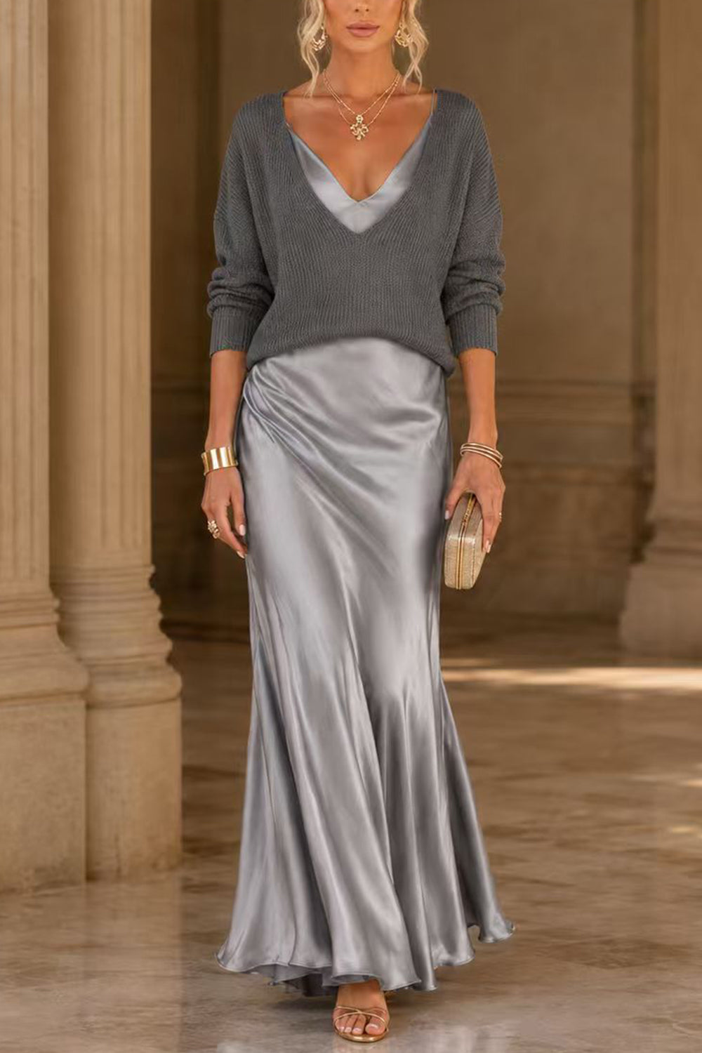 Sophie | V-Neck Sweater & Satin Maxi Dress Set