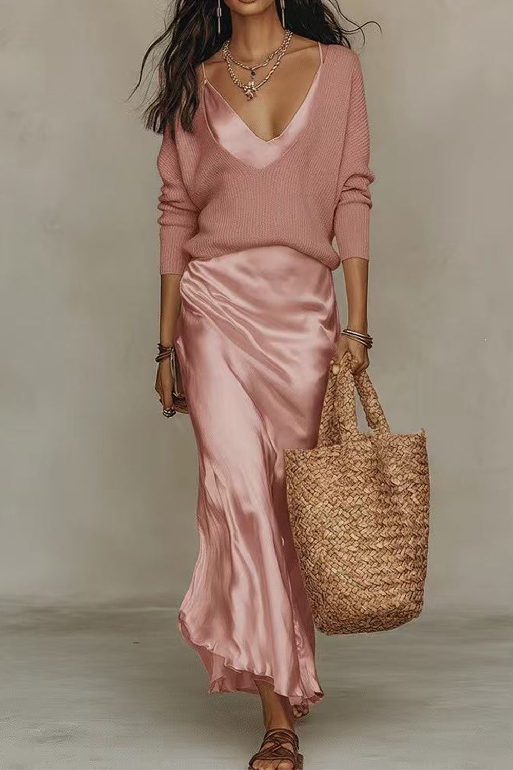 Sophie | V-Neck Sweater & Satin Maxi Dress Set