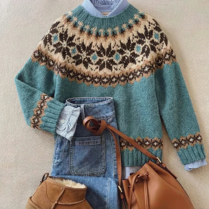 Teal Floral Yoke Knit Sweater Evelyn