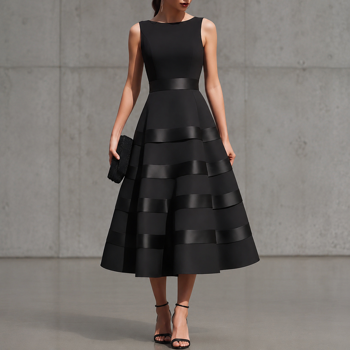 Annabella | Black sleeveless midi dress with flared skirt and defined waist