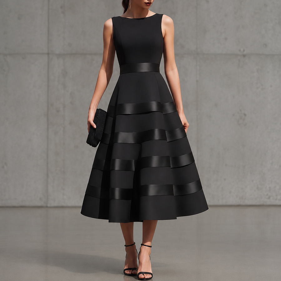 Annabella | Black sleeveless midi dress with flared skirt and defined waist
