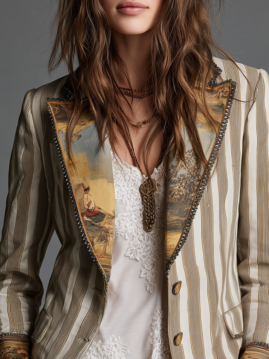 Rosanna | Bohemian Striped Blazer with Printed Collar