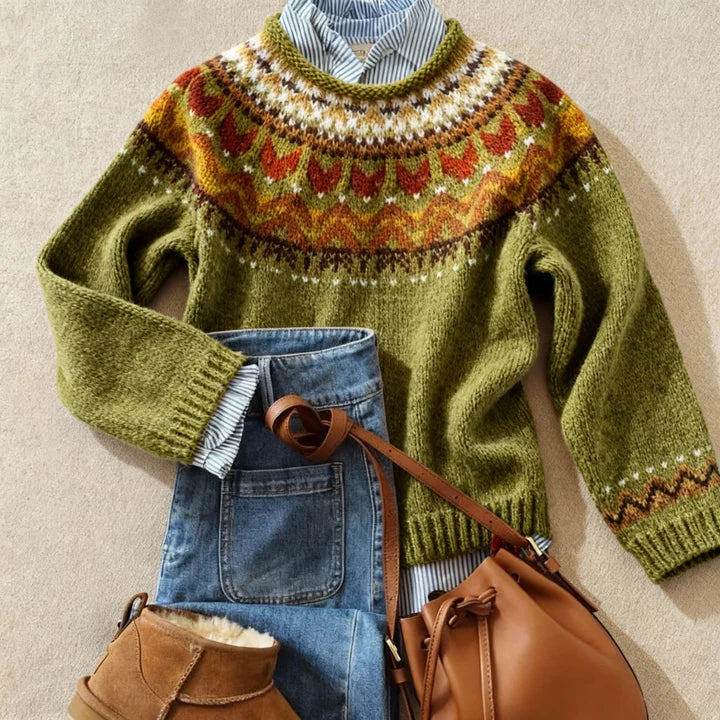 Golden Bloom Yoke Knit Sweater Donna