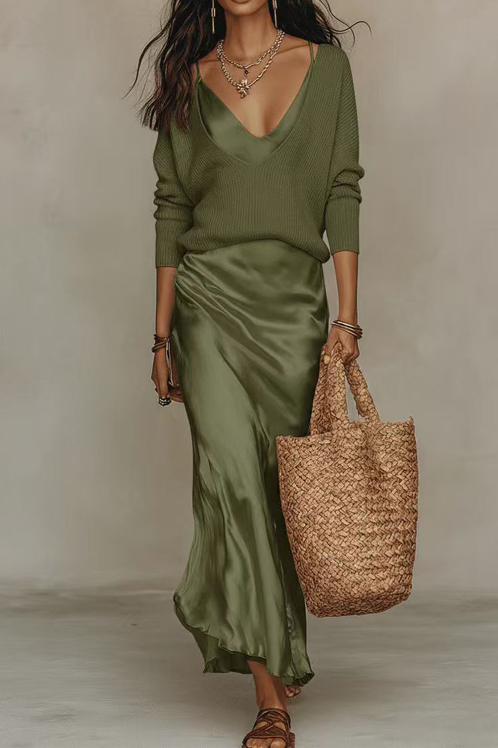 Sophie | V-Neck Sweater & Satin Maxi Dress Set