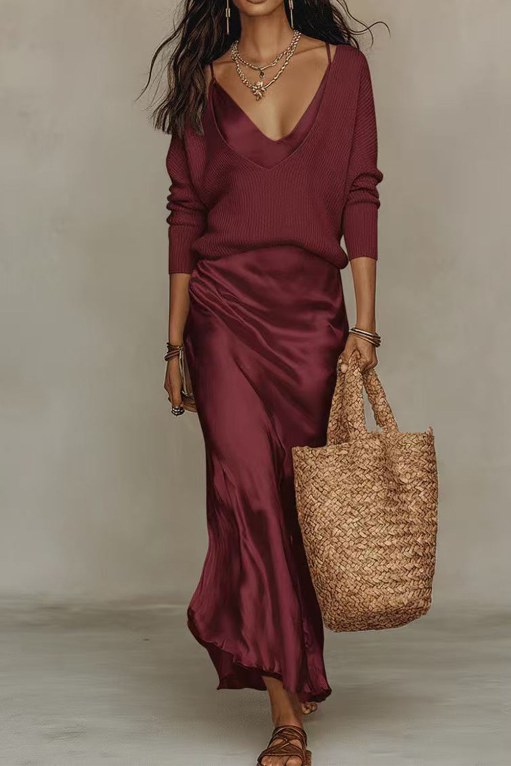 Sophie | V-Neck Sweater & Satin Maxi Dress Set