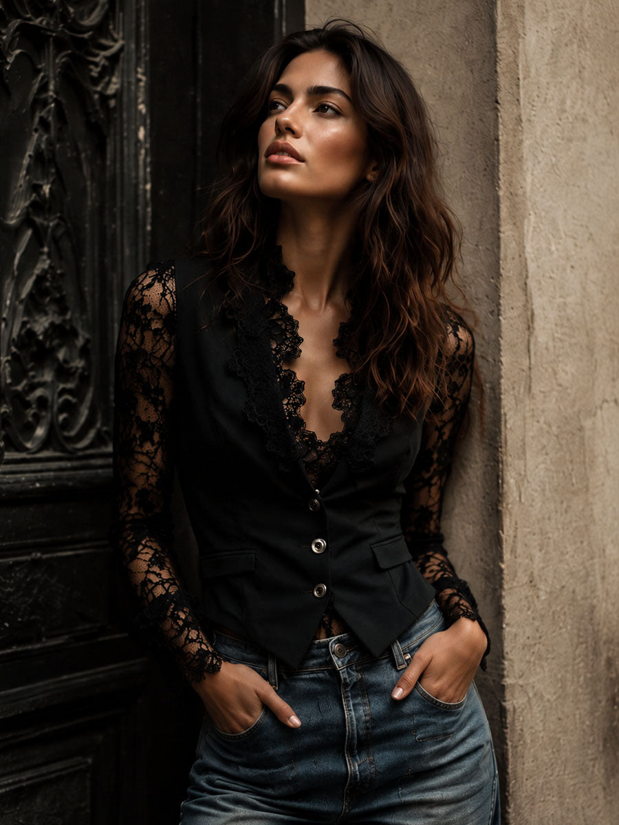 Vittoria | Black Blazer with Semi-Transparent Sleeves