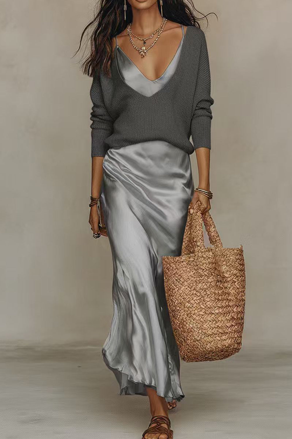 Sophie | V-Neck Sweater & Satin Maxi Dress Set