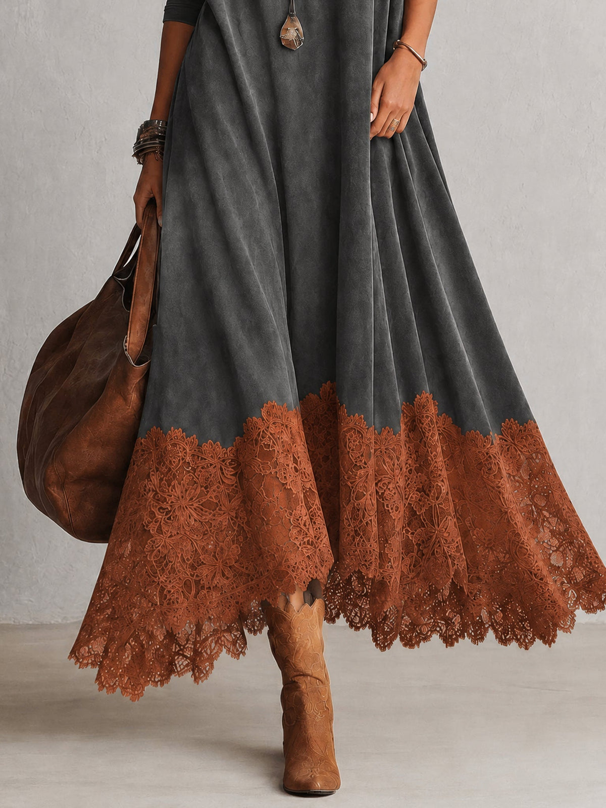 Milly | Lace-Hem Suede Maxi Dress