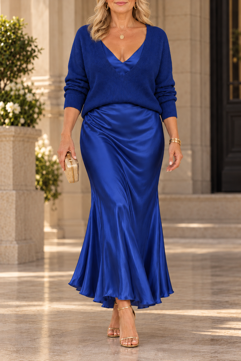 Sophie | V-Neck Sweater & Satin Maxi Dress Set