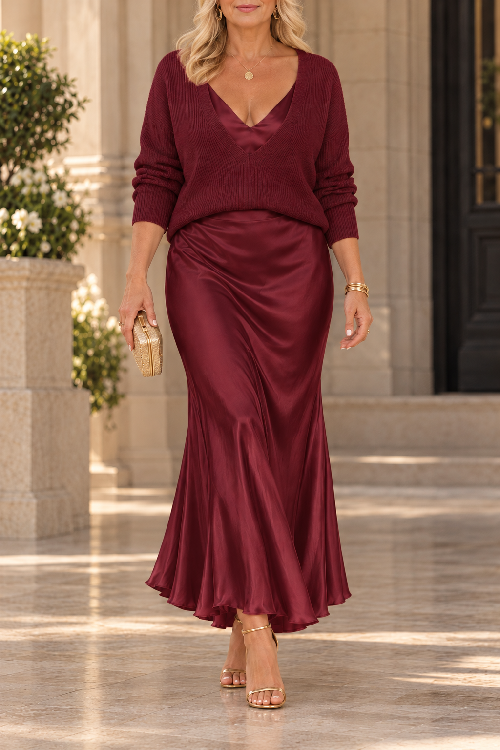 Sophie | V-Neck Sweater & Satin Maxi Dress Set