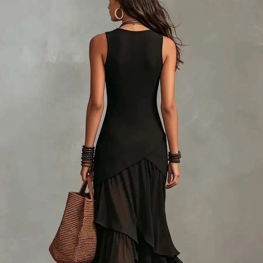 Odette | Black chiffon dress with ruffle trim and layered hem