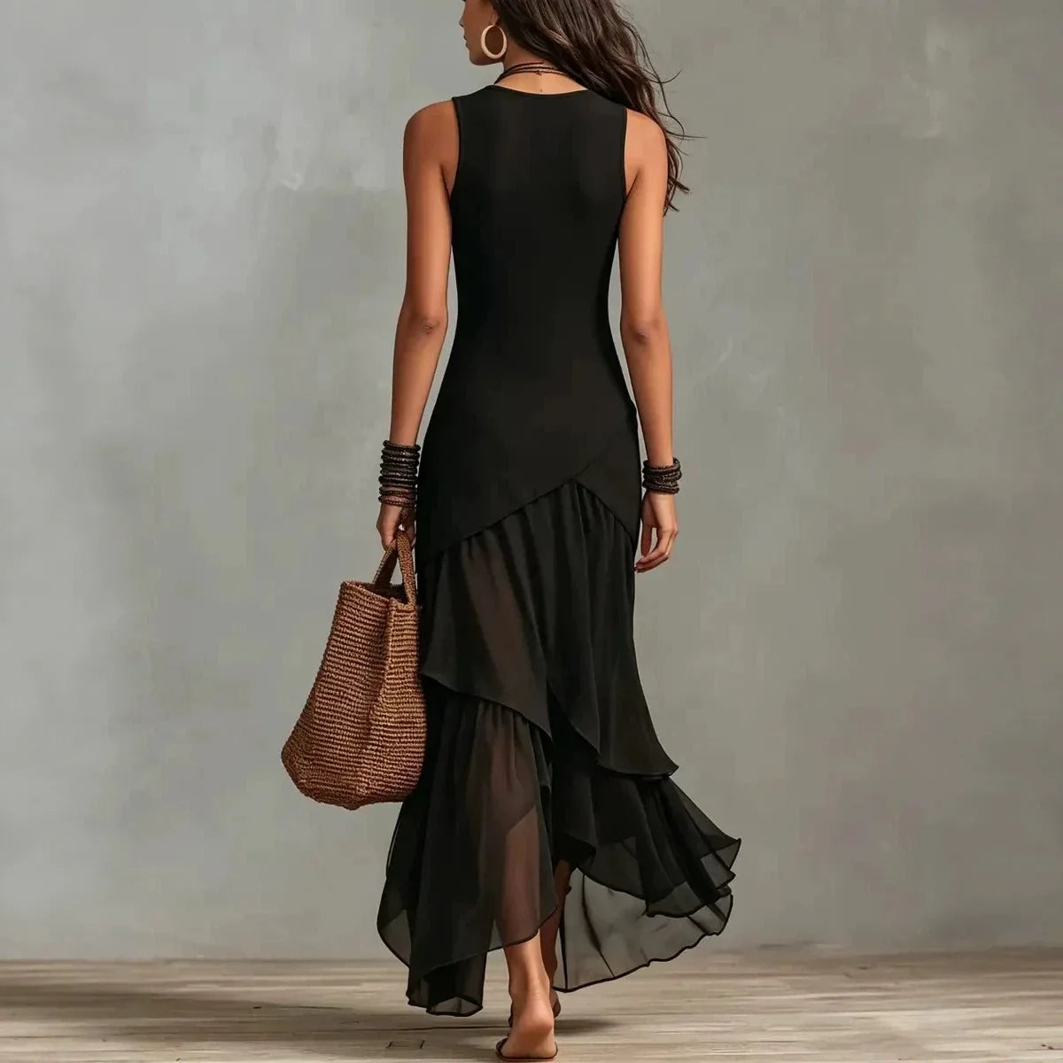 Odette | Black chiffon dress with ruffle trim and layered hem