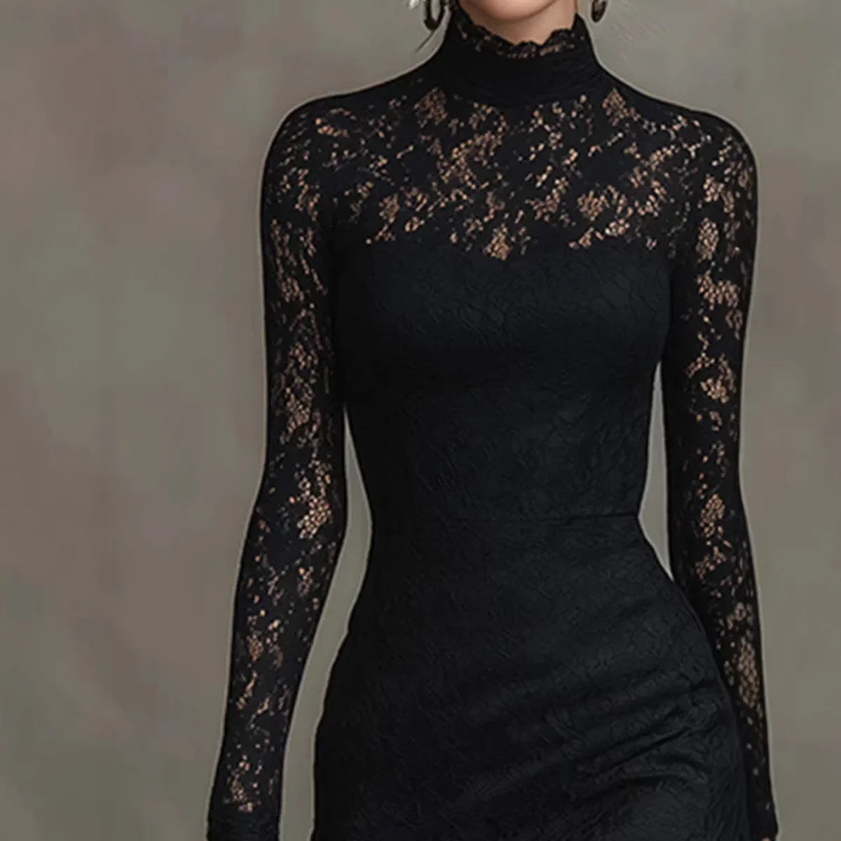 Arabella | Black lace evening dress with mock neck and long sleeves