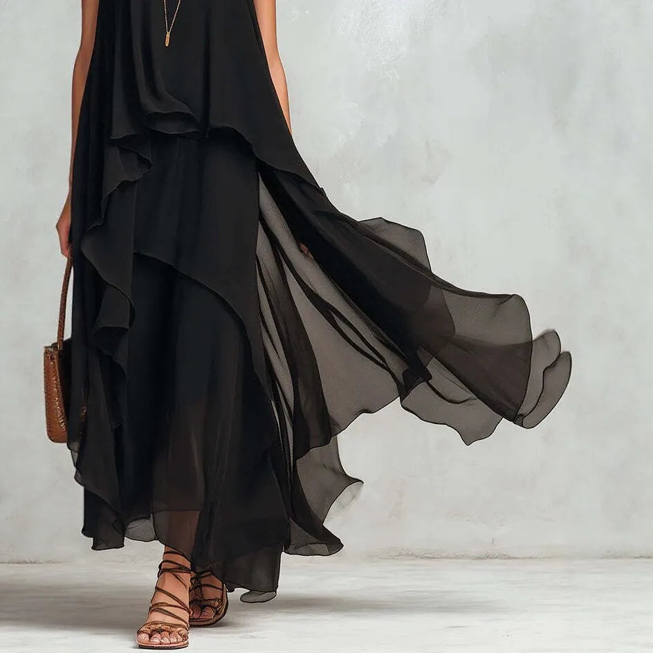 Delphine | Black chiffon dress with irregular hem and sleeveless cut