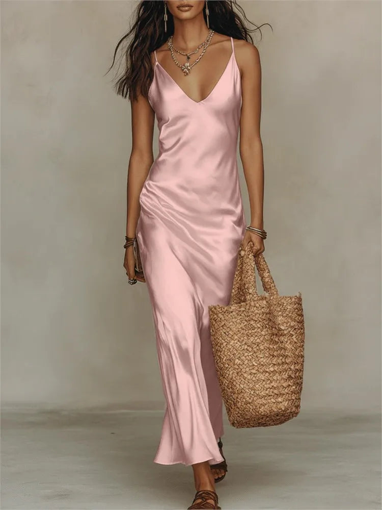 Isabella | Sleeveless satin maxi dress with delicate spaghetti straps