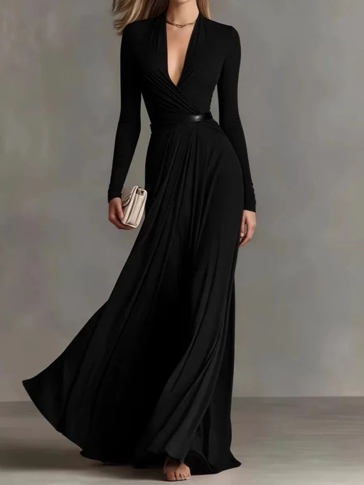 Marguerite | Apricot maxi dress with deep V-neck and long sleeves