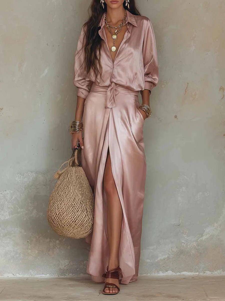 Rosalind | Two-piece satin set with button shirt and lace-up maxi skirt
