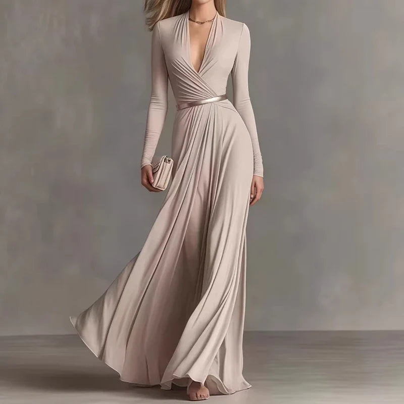 Marguerite | Apricot maxi dress with deep V-neck and long sleeves