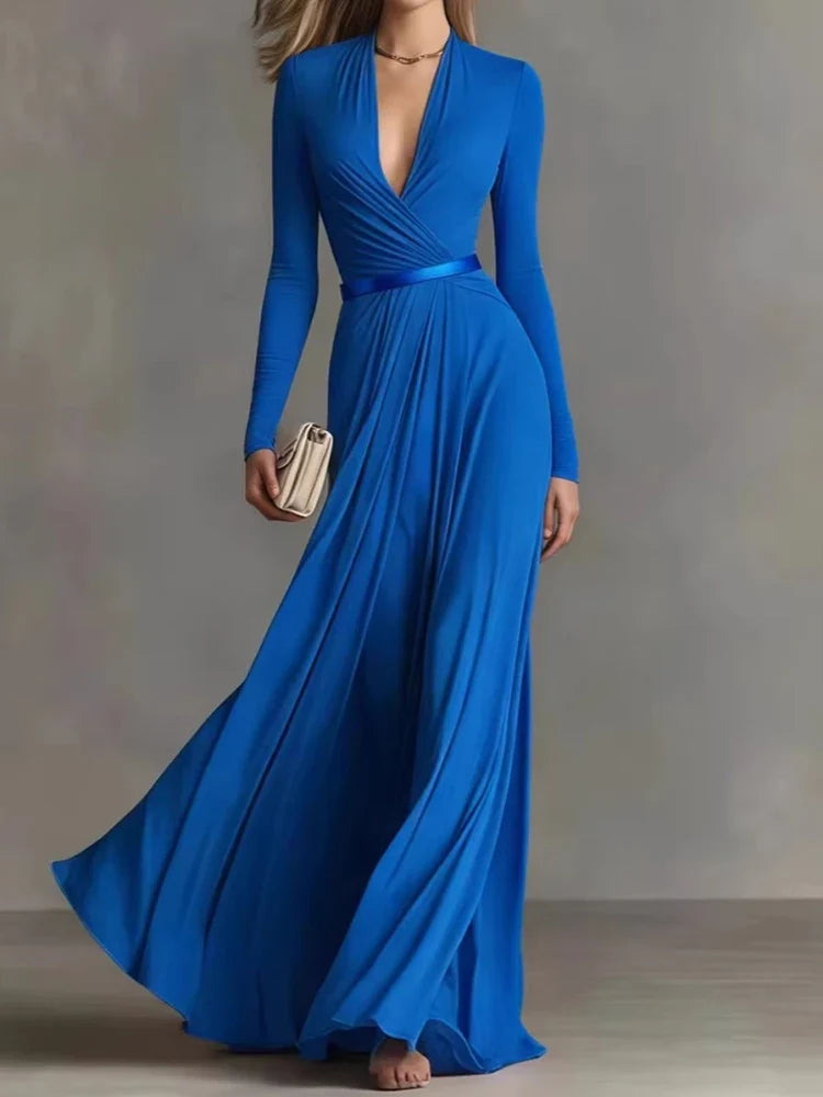 Marguerite | Apricot maxi dress with deep V-neck and long sleeves