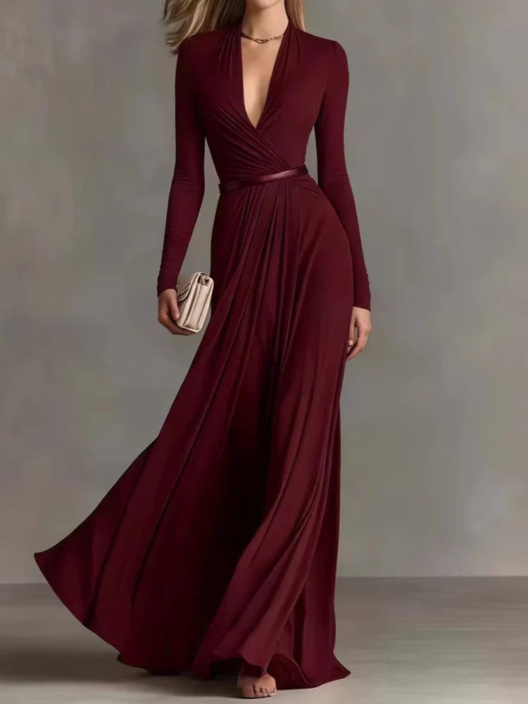 Marguerite | Apricot maxi dress with deep V-neck and long sleeves