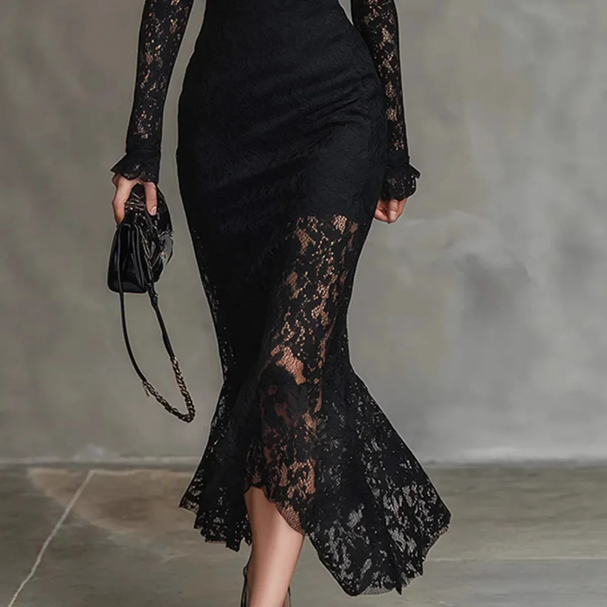 Arabella | Black lace evening dress with mock neck and long sleeves