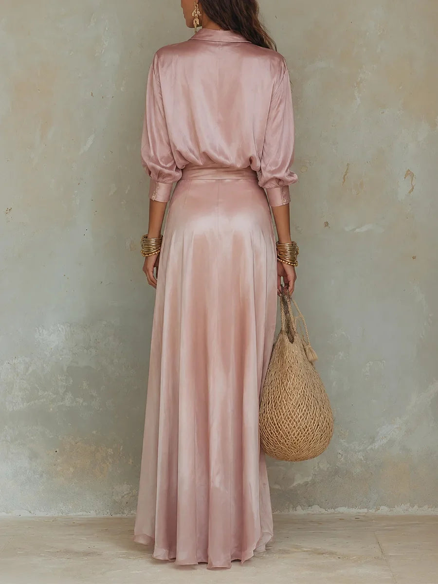 Rosalind | Two-piece satin set with button shirt and lace-up maxi skirt