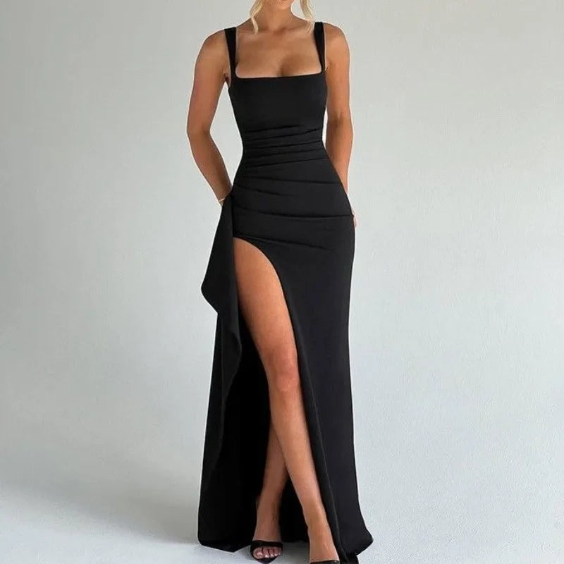 Anastasia | Black bodycon maxi dress with front slit and ruffle trim