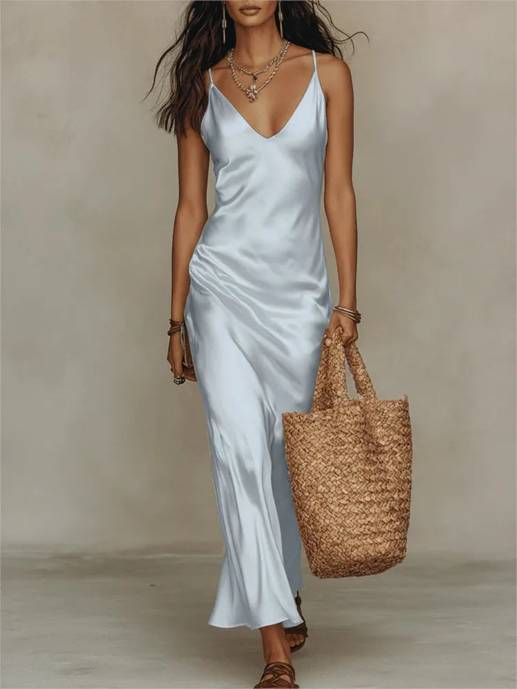 Isabella | Sleeveless satin maxi dress with delicate spaghetti straps