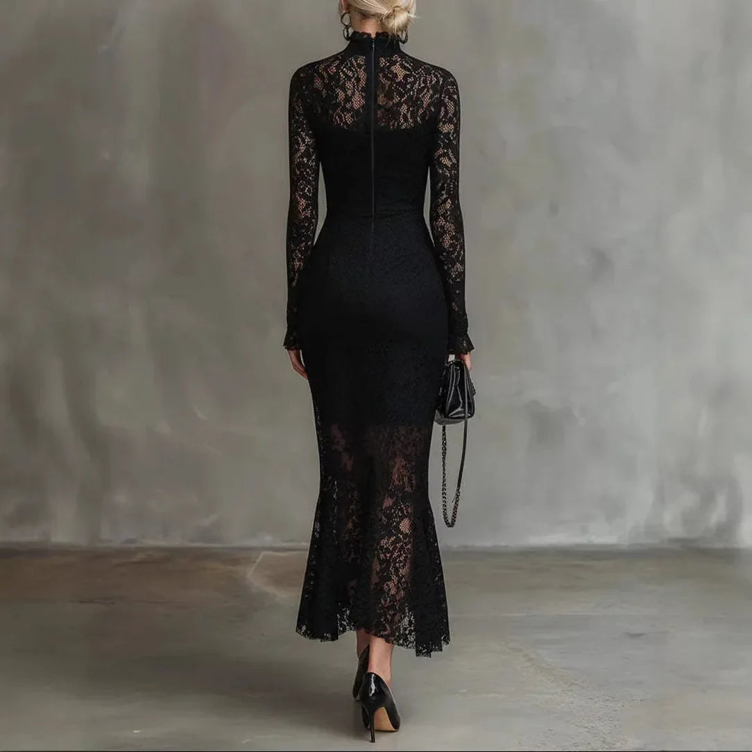 Arabella | Black lace evening dress with mock neck and long sleeves
