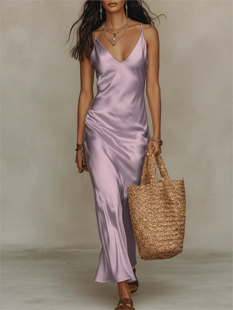 Isabella | Sleeveless satin maxi dress with delicate spaghetti straps