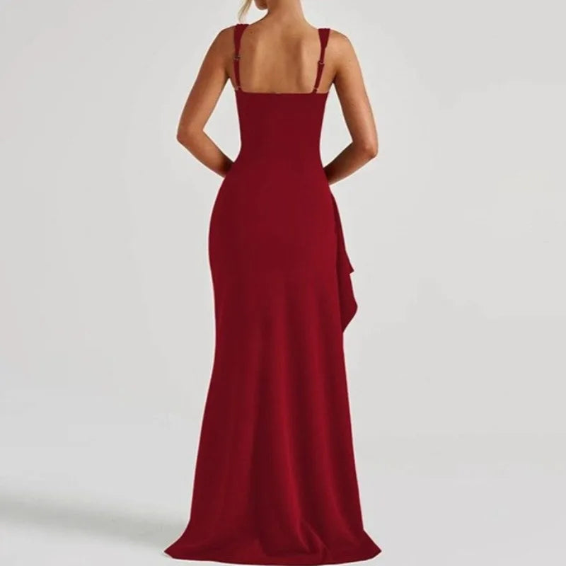 Anastasia | Black bodycon maxi dress with front slit and ruffle trim