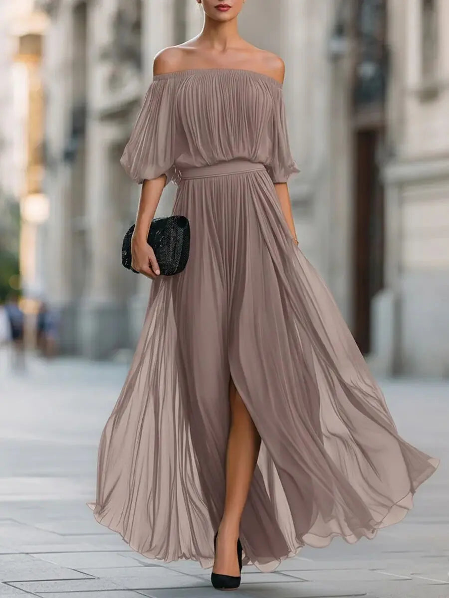 Genevieve | Off-shoulder chiffon dress with ruched skirt and side slit