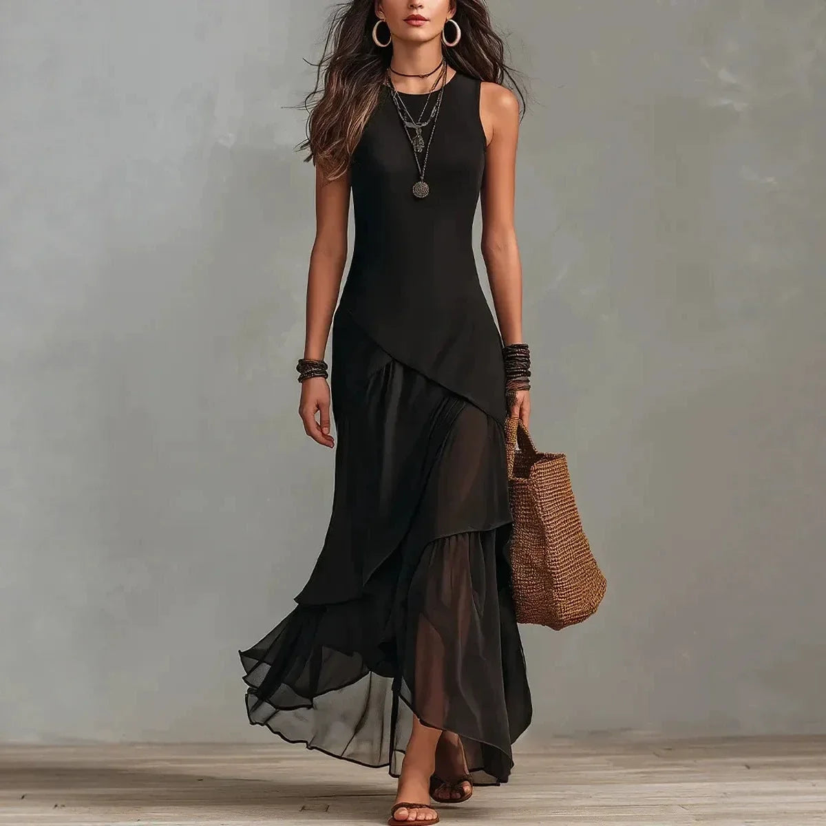 Odette | Black chiffon dress with ruffle trim and layered hem
