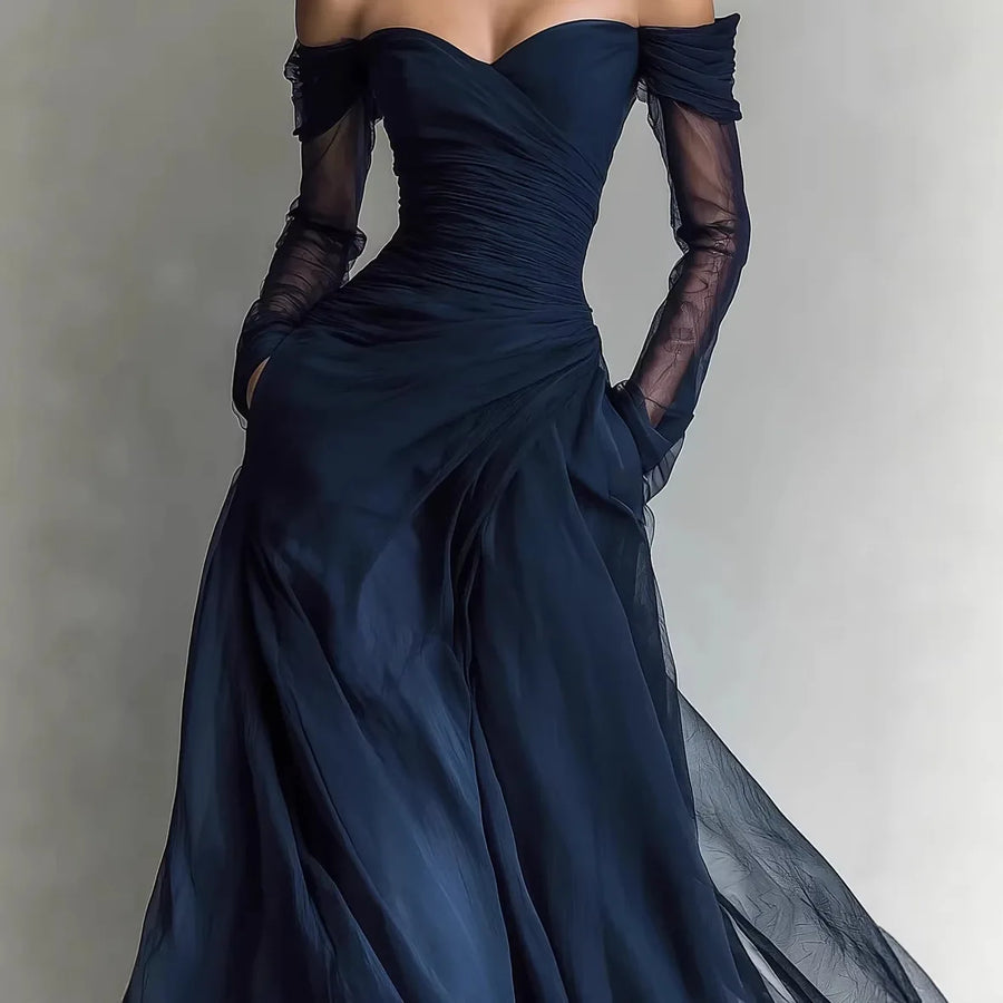 Scarlett | Navy tulle gown with off-shoulder sleeves and pleated skirt