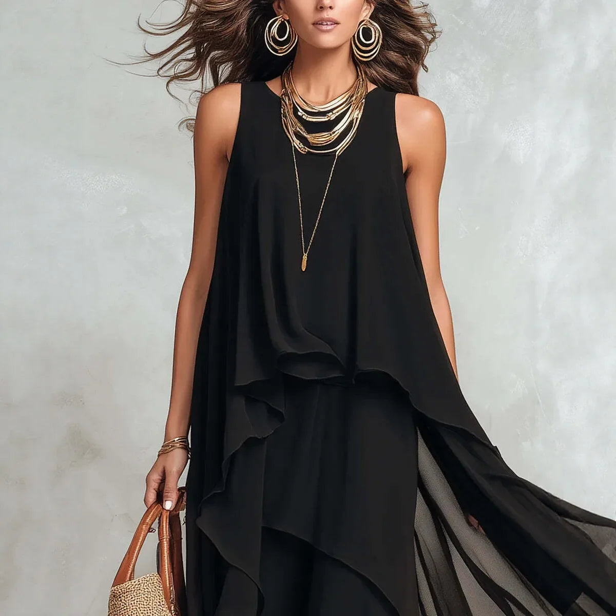 Delphine | Black chiffon dress with irregular hem and sleeveless cut