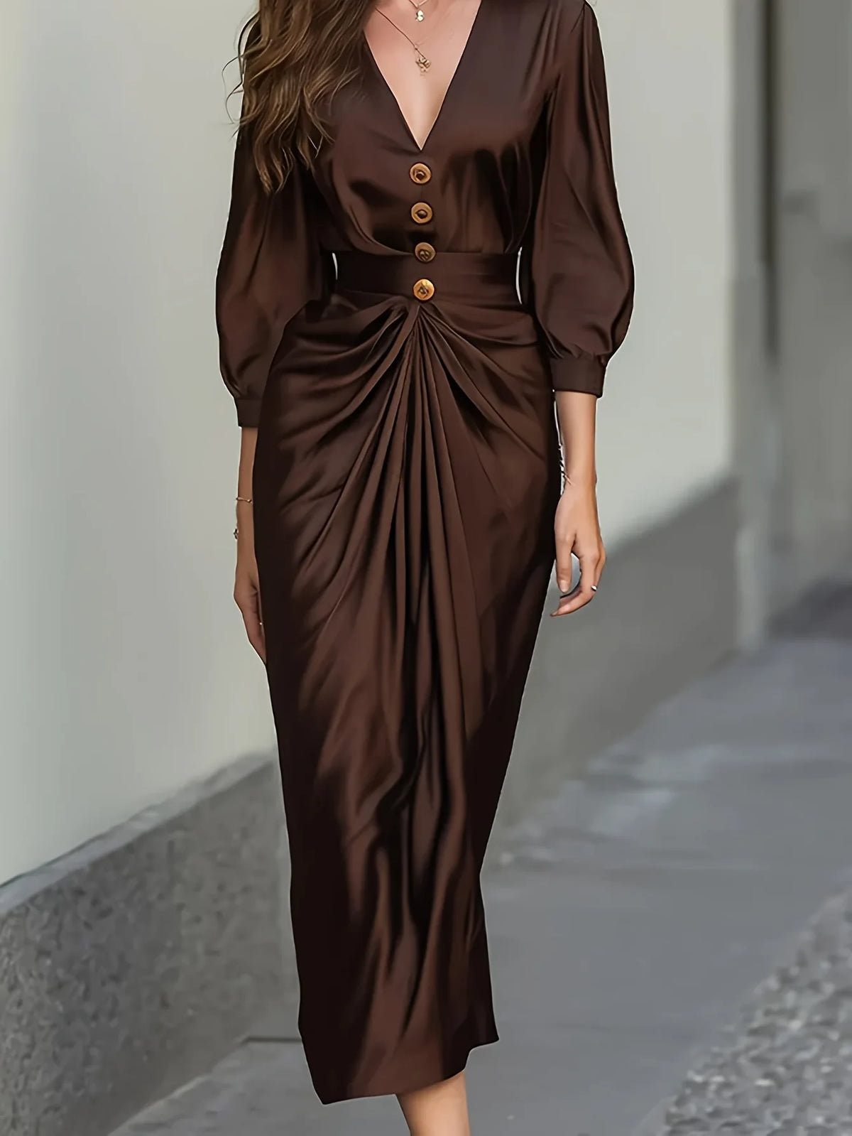 Juliette | Coffee-toned maxi dress with lantern sleeves and pleats