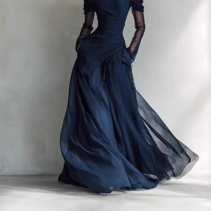 Scarlett | Navy tulle gown with off-shoulder sleeves and pleated skirt