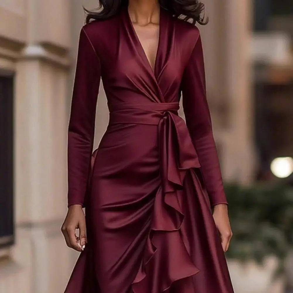 Charlotte | Long-sleeve evening dress with ruched V-neck bodice
