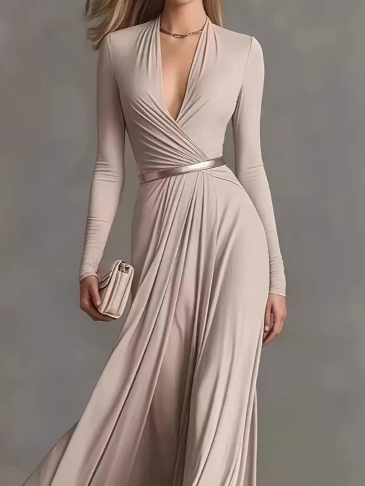 Marguerite | Apricot maxi dress with deep V-neck and long sleeves