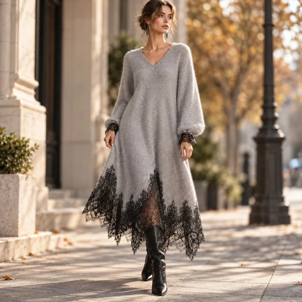 Kaitlin | Lace Trim Knit Dress