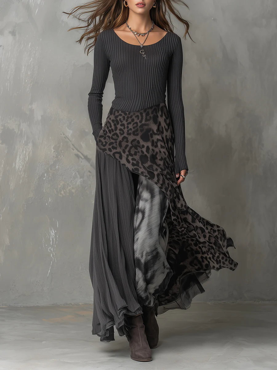 Grey Pit Stripe Leopard Print Splicing Asymmetrical Hem Maxi Dress