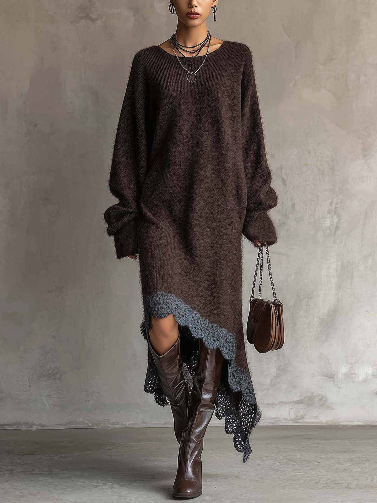 Ella™ | Cozy Oversized Lace Hem Dress