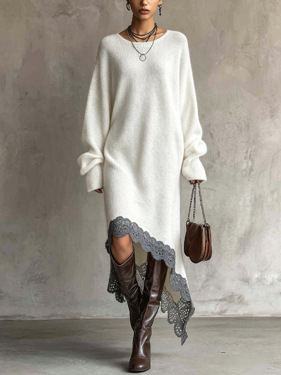 Lainey™ | Cozy Oversized Lace Hem Dress