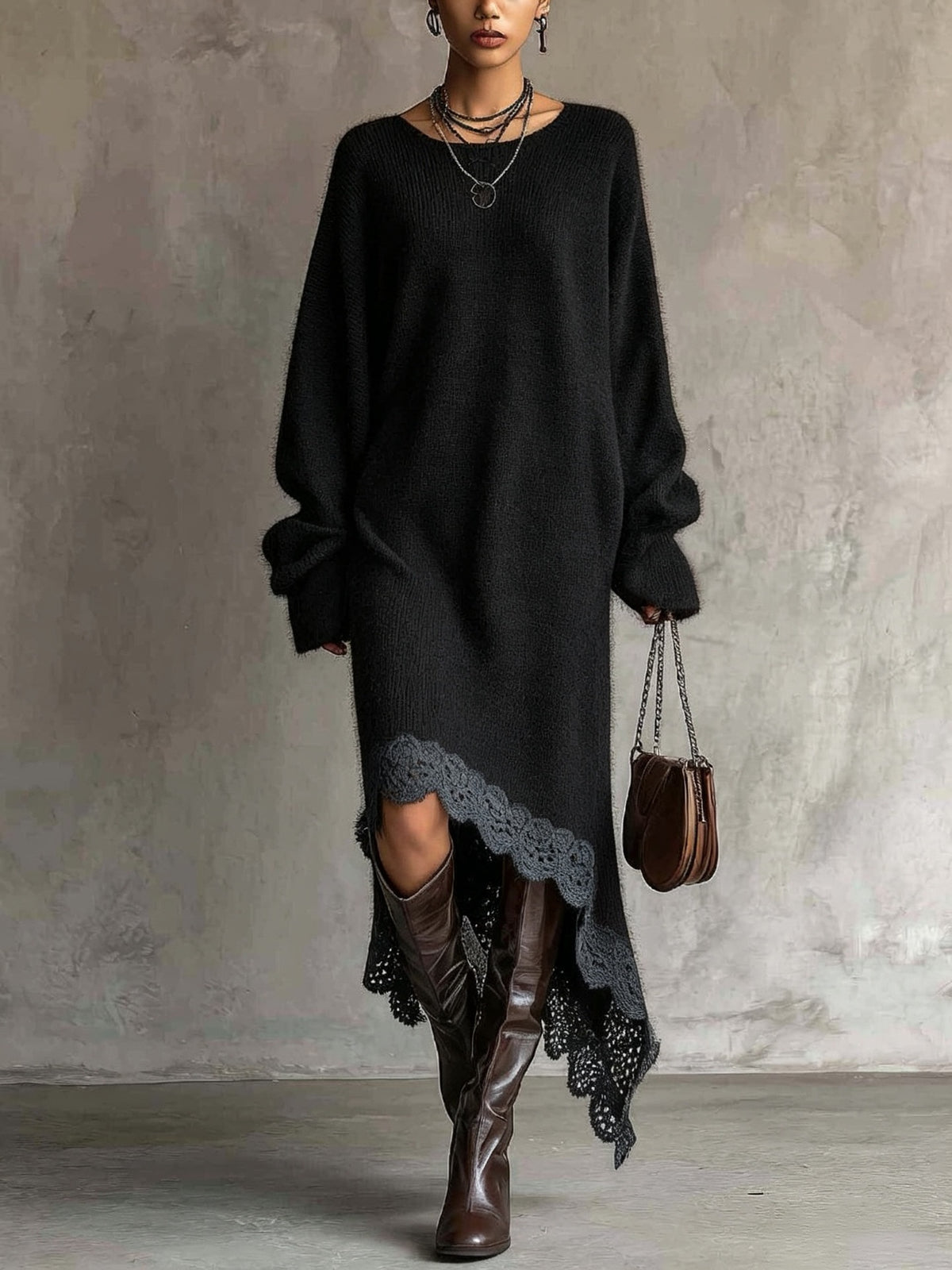 Ella™ | Cozy Oversized Lace Hem Dress