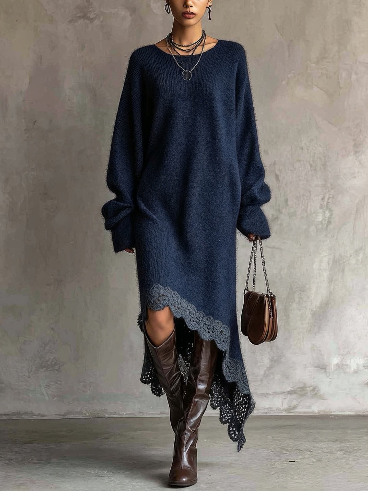 Ella™ | Cozy Oversized Lace Hem Dress
