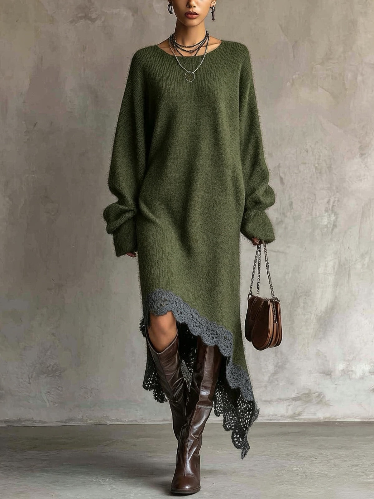 Ella™ | Cozy Oversized Lace Hem Dress