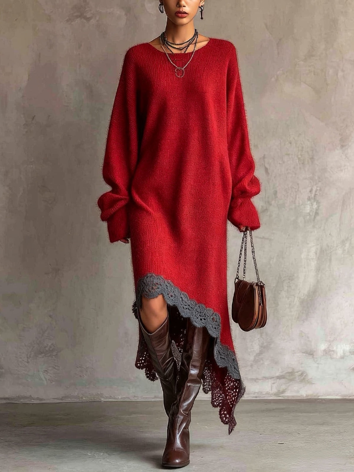 Ella™ | Cozy Oversized Lace Hem Dress