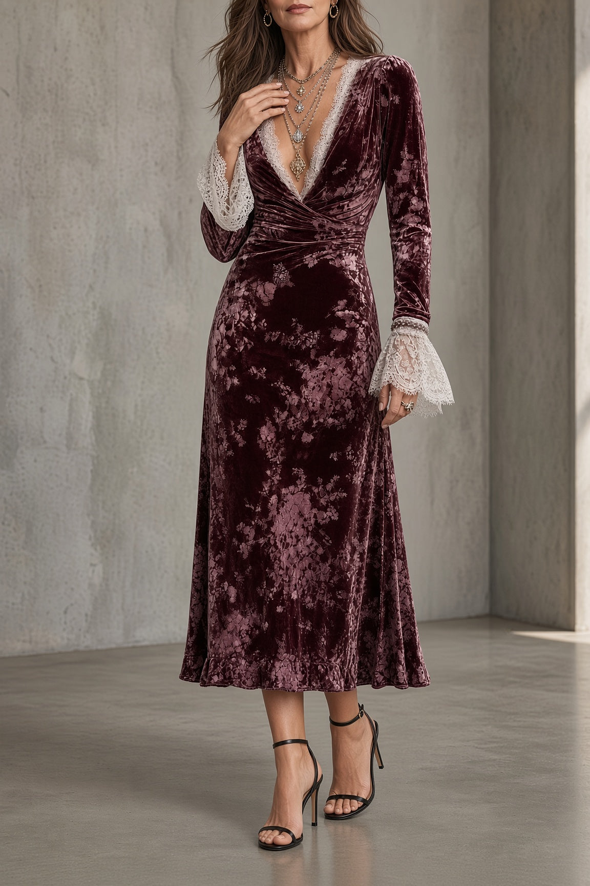 Mia | Lace-Trimmed Velvet Wrap Dress