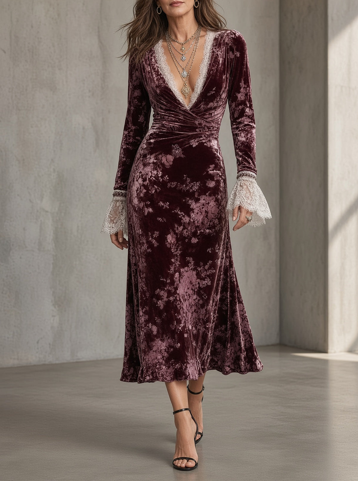 Mia | Lace-Trimmed Velvet Wrap Dress