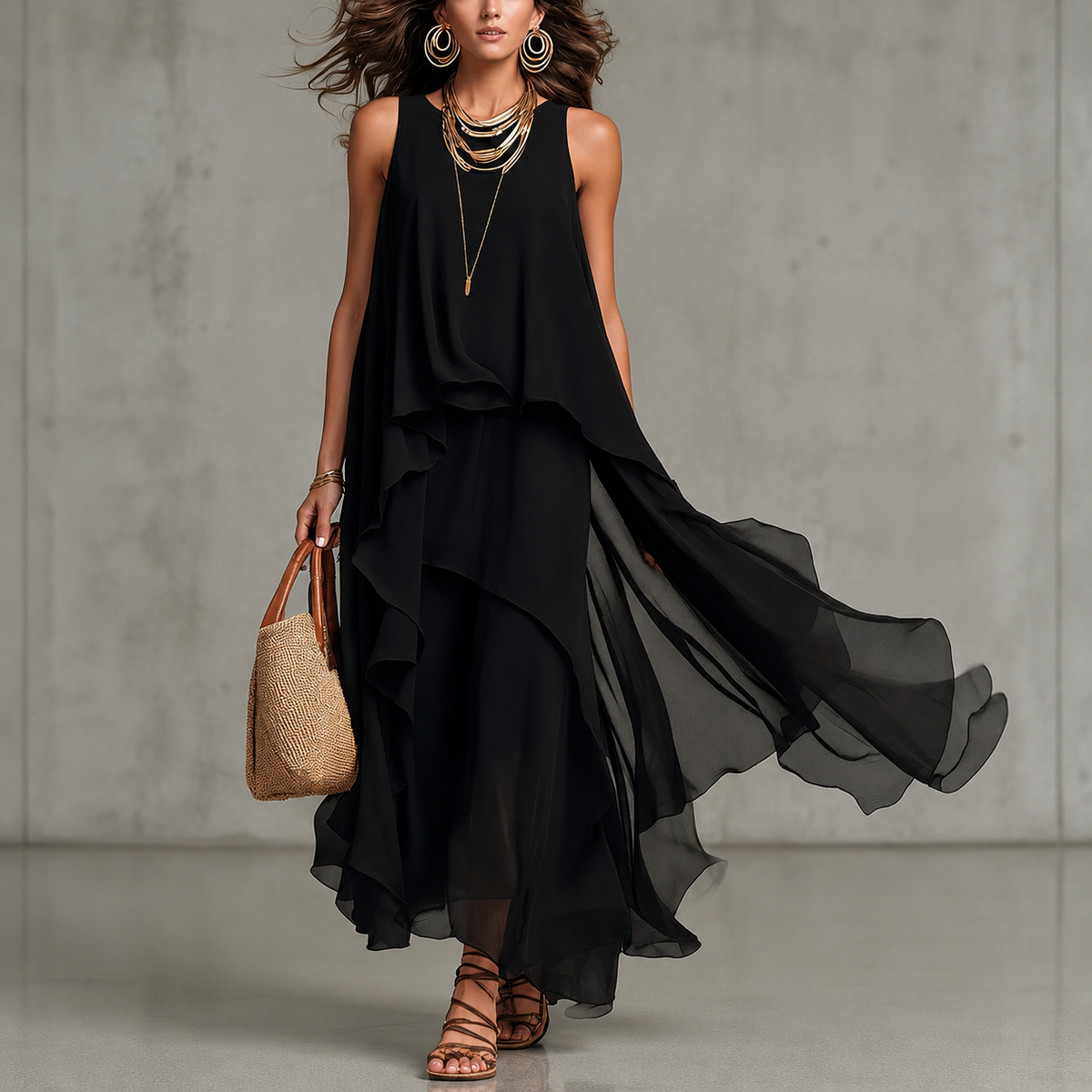 Delphine | Black chiffon dress with irregular hem and sleeveless cut